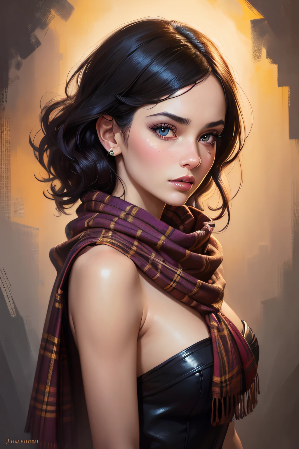 full face of highly detailed portrait young beautiful colombian woman, tartan scarf, degradado amarillo/negro/brown/magenta, grunge aesthetic, por atey ghailan Sakimichan, Jeremy Mann, Louis Icart, Makoto Kobayashi. Digital art wonderful girl, fantastic face, colombian black woman beautiful look, detailed hair, ultra focus, face ilumined, face detailed, 8k resolution, painted, dry brush, brush strokes, razumov style and garmash style, Fairytale. Rolf Armstrong, Ray Caesar, Fragonard. Surrealism, hyperrealism. Detailed face, perfect face, perfect clear eyes, perfect lips. Insanely detailed. blue eyes, tartan scarf, gradient
