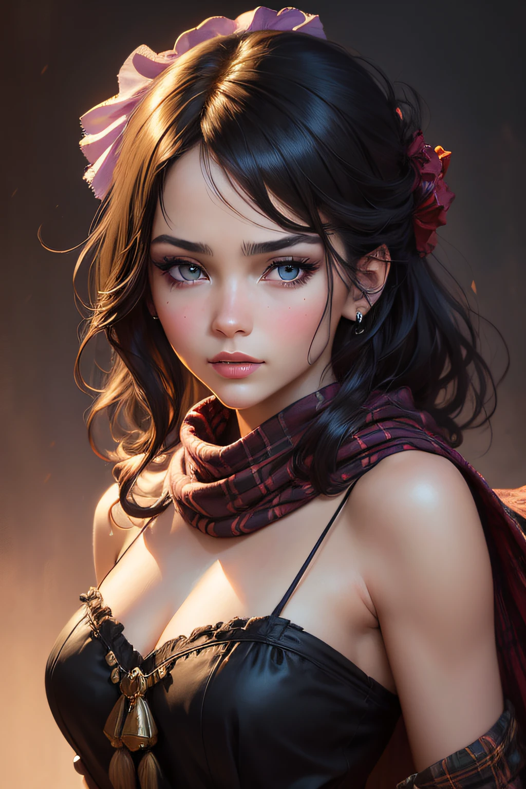 full face of highly detailed portrait young beautiful colombian woman, tartan scarf, degradado amarillo/negro/brown/magenta, grunge aesthetic, por atey ghailan Sakimichan, Jeremy Mann, Louis Icart, Makoto Kobayashi. Digital art wonderful girl, fantastic face, colombian black woman beautiful look, detailed hair, ultra focus, face ilumined, face detailed, 8k resolution, painted, dry brush, brush strokes, razumov style and garmash style, Fairytale. Rolf Armstrong, Ray Caesar, Fragonard. Surrealism, hyperrealism. Detailed face, perfect face, perfect clear eyes, perfect lips. Insanely detailed. blue eyes, tartan scarf, gradient