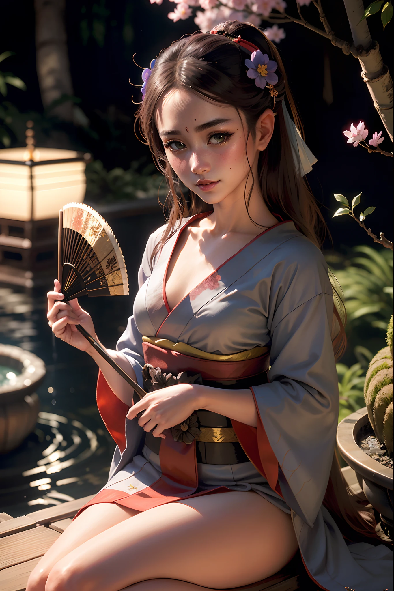 ((bokeh)), breathtaking, seductive pose, (mystical), (portrait of a young geisha), ((holding a folding fan)), (relaxing in fantasy fairytale dreamscape world), (wearing colorful kimono), (modestly dressed), sexy, (see through), slim body, (small breasts), epic, ((city of japan temple)), (pandora world, bamboo forest), fantasy, fairytale, highly detailed, (waterfall, bonsai garden, mount of bonsai tree), (beautiful sky, 45mm f1.8, elegant delicate beautiful, full of sakura), shiny, surrounded by nucolored butterfly, award-winning, professional, highly detailed