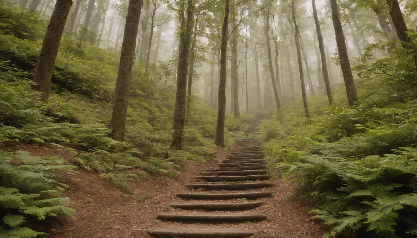 long stairs,Dense forest,bancovered