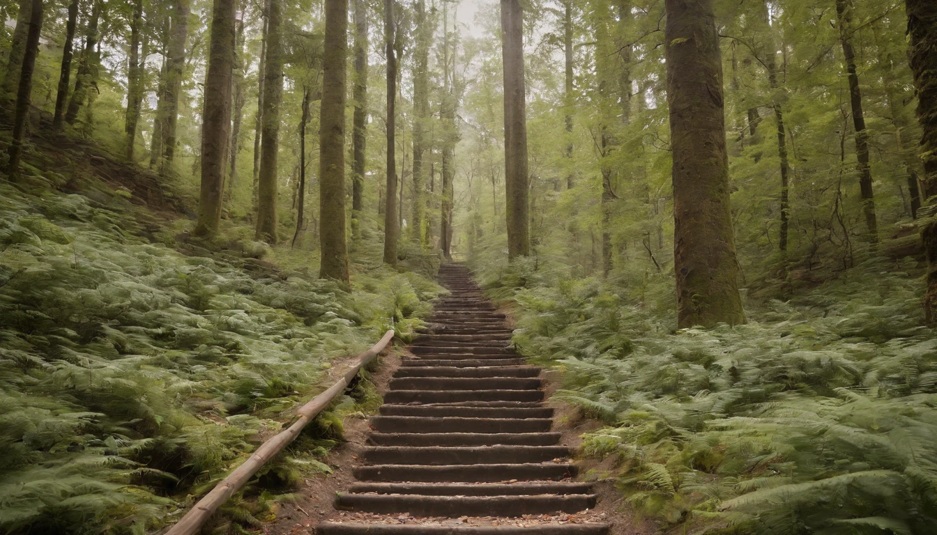 long stairs,Dense forest,bancovered
