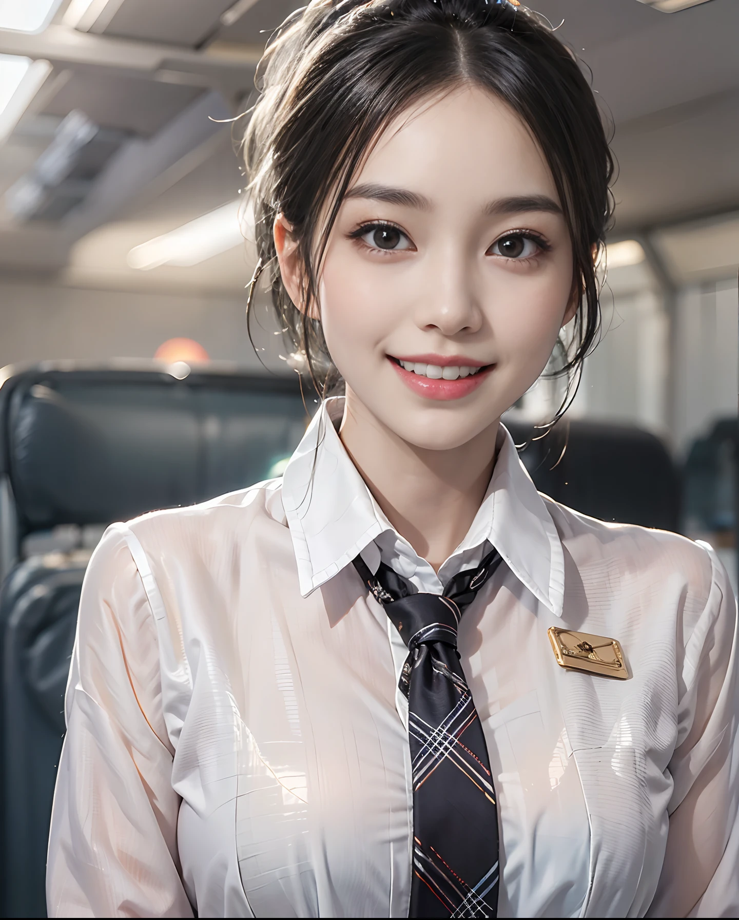 masutepiece、hight resolution、cabin attendant、30-year-old girl、Smiling at the camera、Finish as shown in the photo、the skin is white and beautiful、inner colored、Hair should be tied back、A slender、