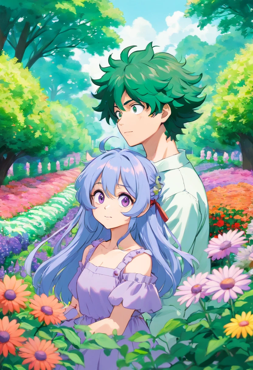 Midoriya Izuku with a girl long lilac hair, fair skin, violet eyes, a mole under the left eye, in a beautiful flower garden, being a couple