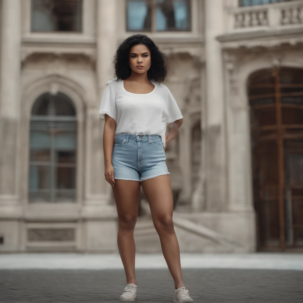 1girl, short black hair, blue eyes, wearing plain white shirt, denim shorts, city, absurdres, high res, ultrasharp, 8K, masterpiece, looking at viewer