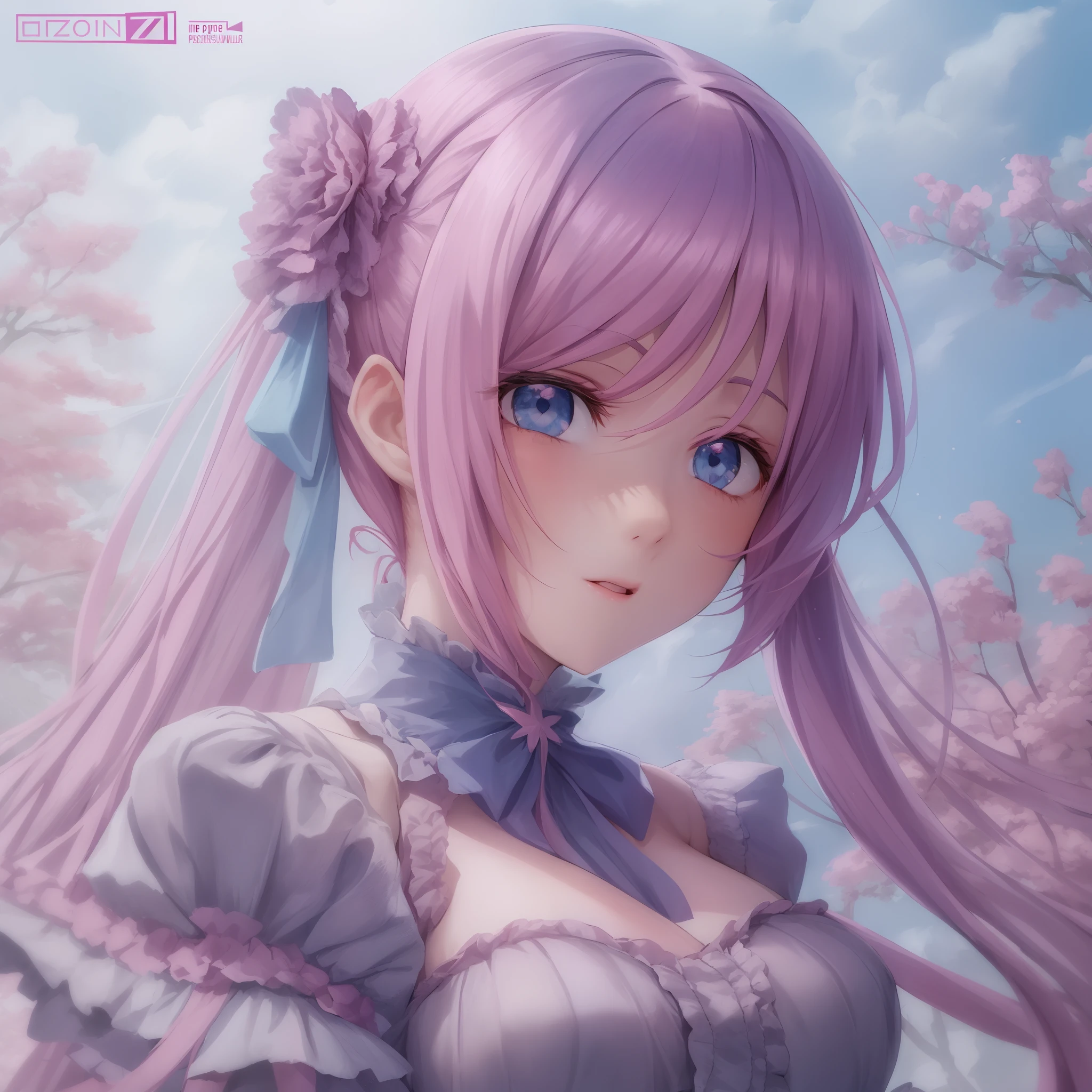 ((Best quality)), anime girl with long pink hair and blue eyes in a dress, pastel