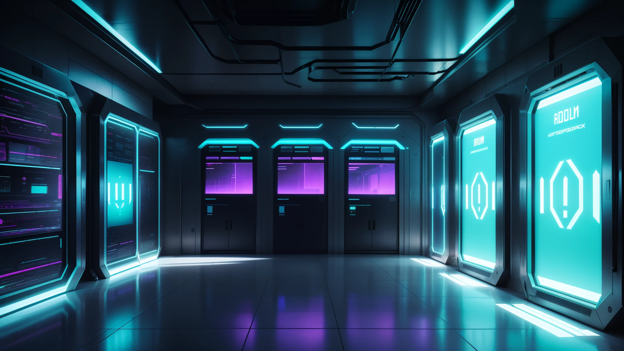 Interior design for a CIA server room with a futuristic hacker environment, (Holografische Bildschirme) . Der Raum ist futuristisch und vollgestopft mit durchsichtigen Displays. Slightly subtle colorful neon lights add to the cyberpunk vibe.