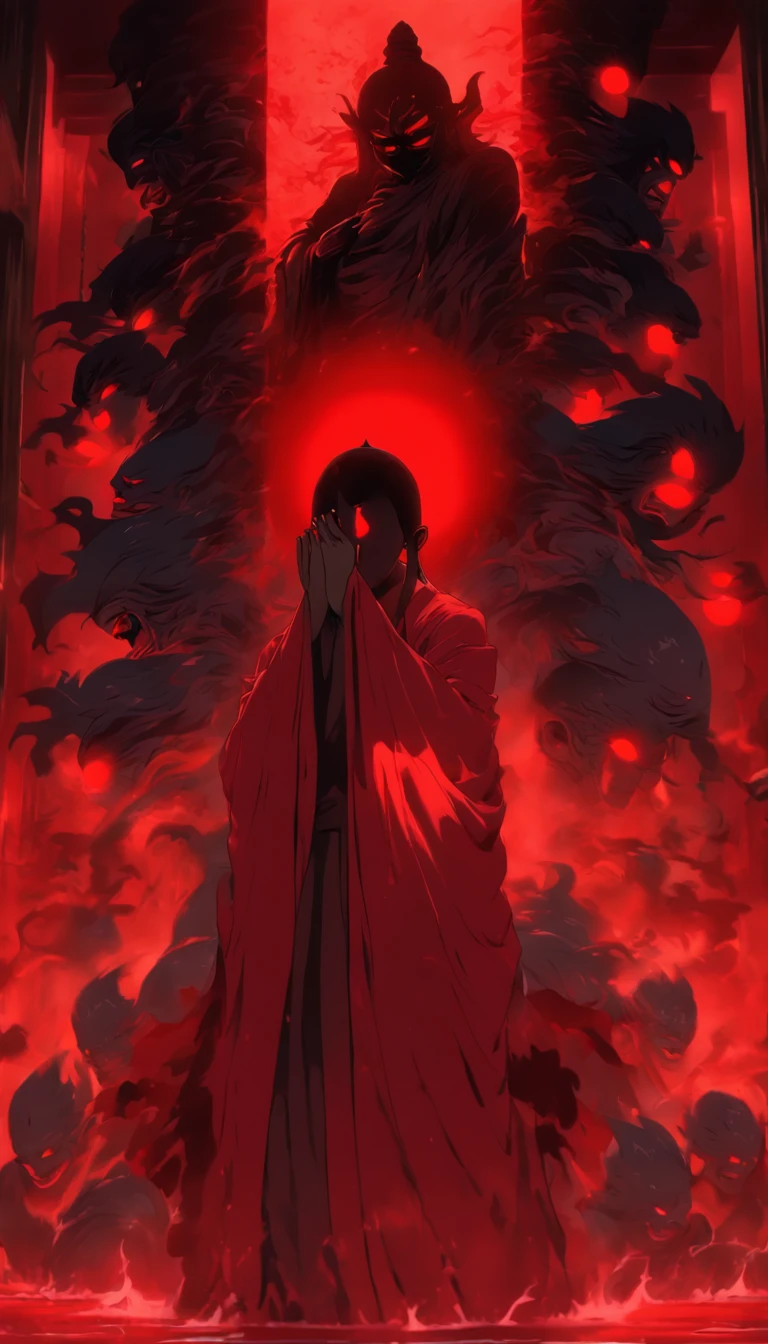 Blood red room, Flashing white TV screen, BUDDHA STATUE, cabelos preto e longos, with hair dishevelled, Cover one eye and face, Bright red eyes, Wearing a white transparent robe, Looming full breasts,liquor,Devil, reaching out her hands,Straighten your body, Red nails are exposed, Pinch the camera, hyper HD, Anatomically correct, Textured skin, Super detail, High details, High quality, A high resolution, 8K, hyper HD, Anatomically correct, Textured skin, Super detail, High details, High quality, Best quality, 8K,Leishnampo,Room 2,Horror