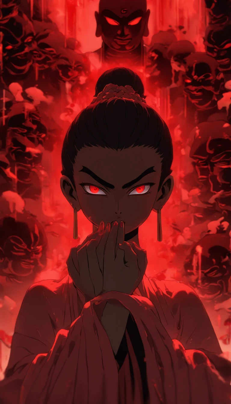 Blood red room, Flashing white TV screen, BUDDHA STATUE, cabelos preto e longos, with hair dishevelled, Cover one eye and face, Bright red eyes, Wearing a white transparent robe, Looming full breasts,liquor,Devil, reaching out her hands,Straighten your body, Red nails are exposed, Pinch the camera, hyper HD, Anatomically correct, Textured skin, Super detail, High details, High quality, A high resolution, 8K, hyper HD, Anatomically correct, Textured skin, Super detail, High details, High quality, Best quality, 8K,Leishnampo,Room 2,Horror