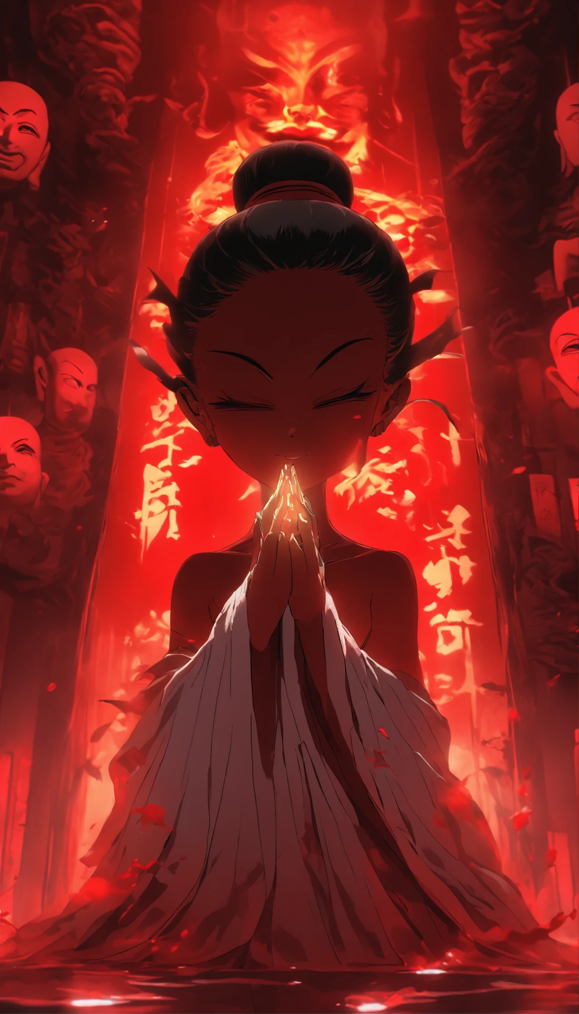 Blood red room, Flashing white TV screen, BUDDHA STATUE, cabelos preto e longos, with hair dishevelled, Cover one eye and face, Bright red eyes, Wearing a white transparent robe, Looming full breasts,liquor,Devil, reaching out her hands,Straighten your body, Red nails are exposed, Pinch the camera, hyper HD, Anatomically correct, Textured skin, Super detail, High details, High quality, A high resolution, 8K, hyper HD, Anatomically correct, Textured skin, Super detail, High details, High quality, Best quality, 8K,Leishnampo,Room 2,Horror