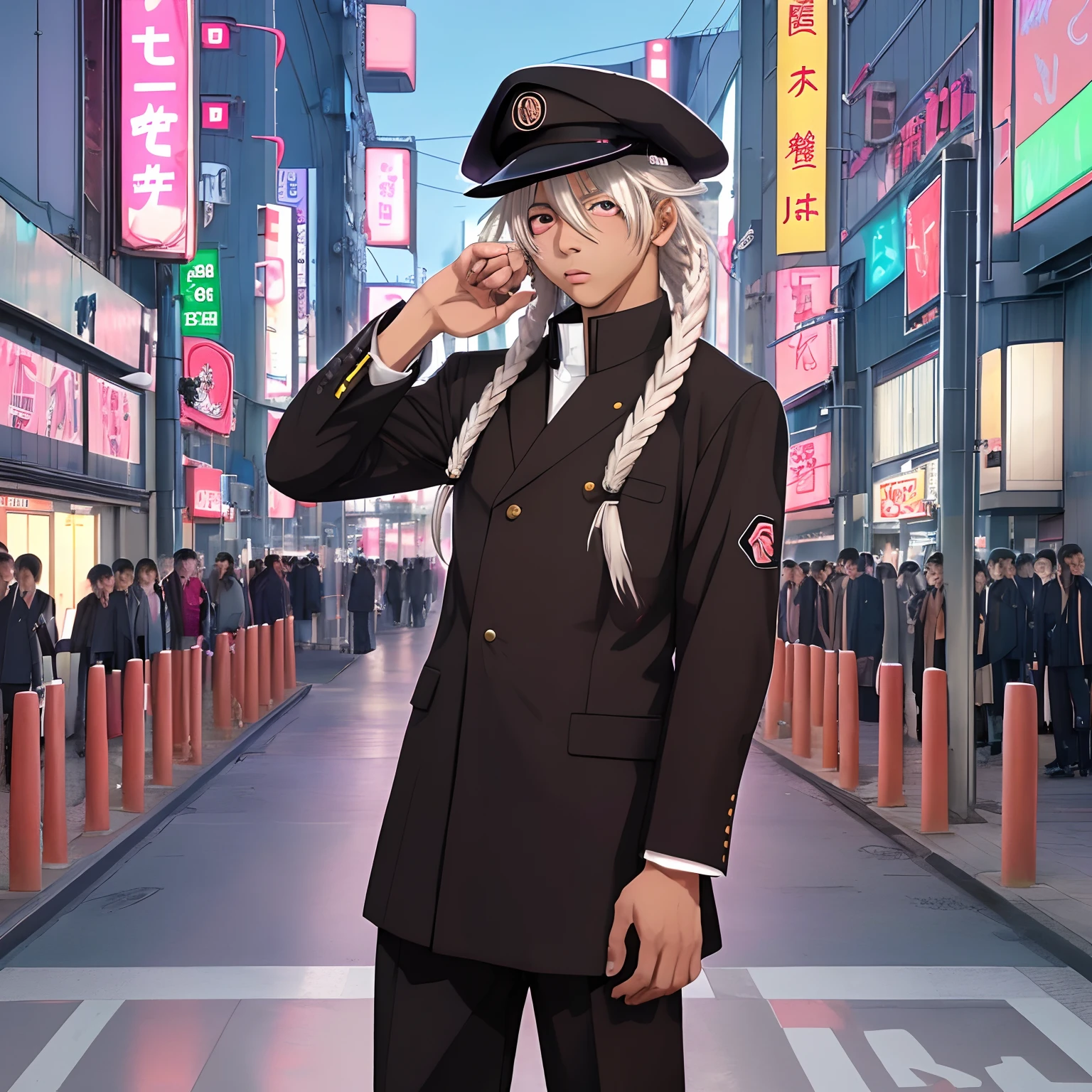 Anime boy, gakuran uniform, white dread locks, brown skin, lips, 4k quality, 8k quality, standing, Shibuya station, neon japanese sign, buildings, 4k quality, 8k quality.