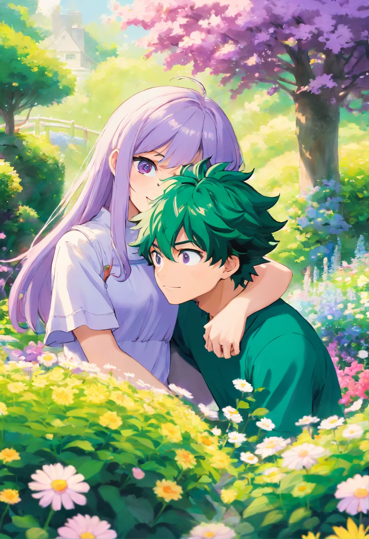 Midoriya Izuku with a girl long lilac hair, fair skin, violet eyes, a mole under the left eye, in a beautiful flower garden, being a couple