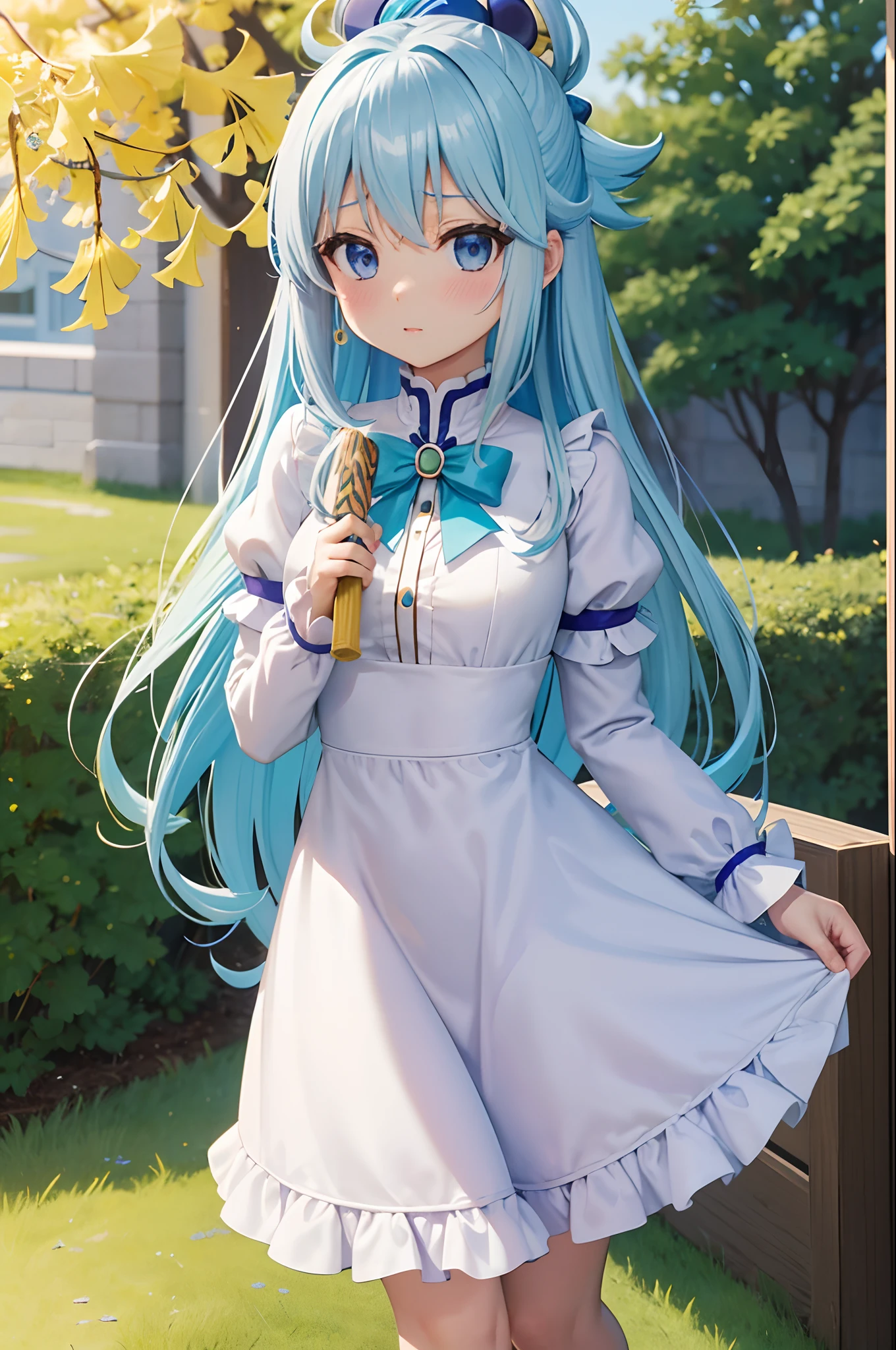 masterpiece, top-quality, Princess_aqua_Konosuba, White and purple dress, blue eyes, blue hairs, standingn, (borgar: 1.1), clouds, and yellow ginkgo trees