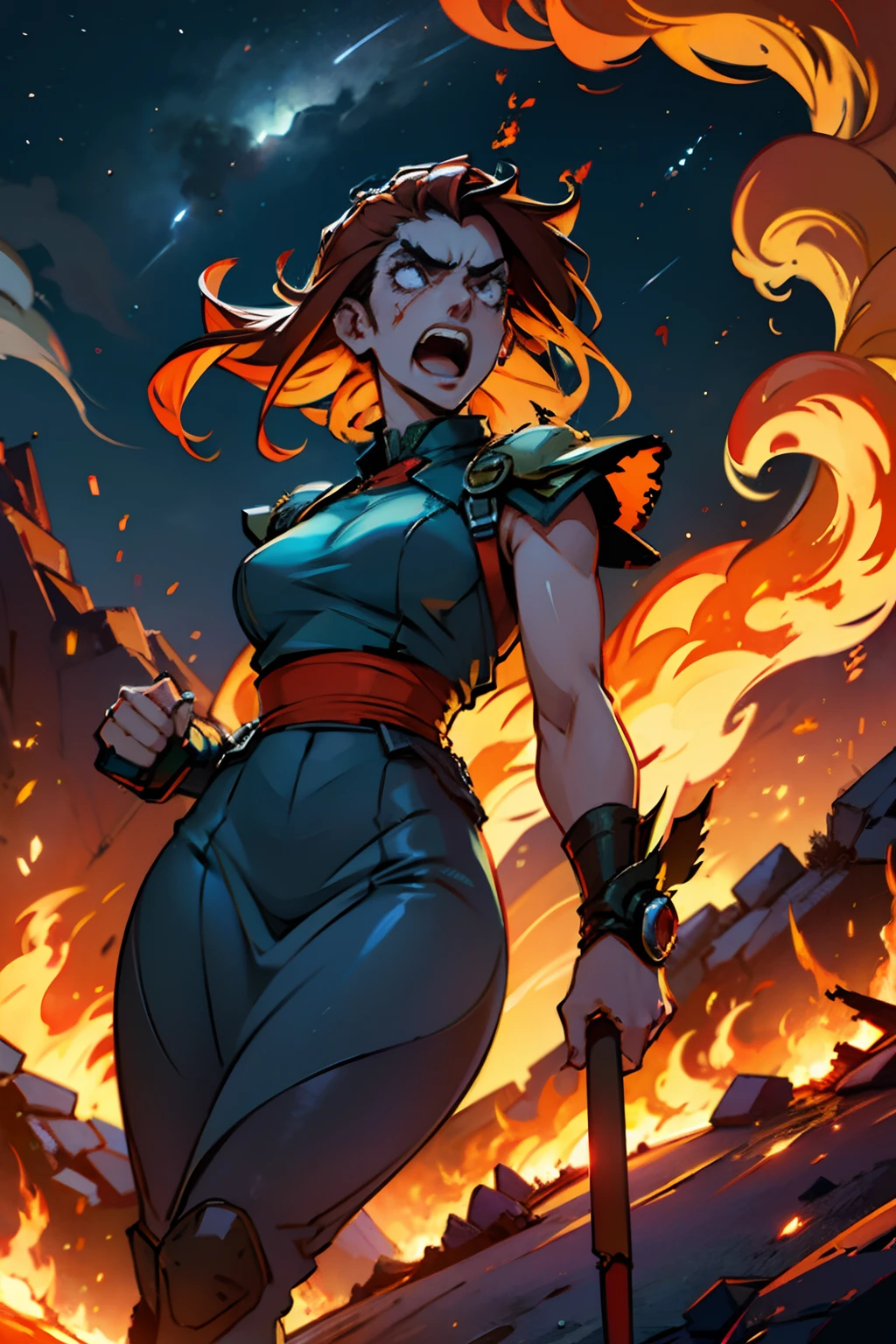 A woman who is an angry woman holding a flaming torch, screaming, background is dark sky with flames and smoke, mood is devastating, destructive, corrupting, deleterious, night time light, character design.