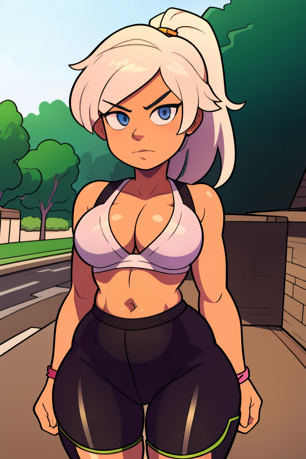 4k, featured on danbooru, fit Gamer girl , (blonde ponytail) with pink streak highlights, 80's anime style, (small chest), thick thighs, tomboy, tomboy proportions, high and wide hips, small waist, narrowed eyes, park bench, bike shorts, tight spats, (spats), micro shorts, cloudy day, near train tracks, bike rack, weak wilted plants, cracks in sidewalk, butterflies and daisies, sunlight shining on character, big ass, amazing shading, looking at viewer, erect , flashing breasts, pulling down top,