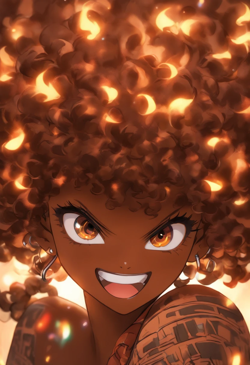 ,((dark-skinned female, melaninated female ,,chocolate-skinned female)), black hair, short curly afro, hair bobbles, headshot,remote control (masterpiece, ultra-detailed,best-quality, 2040hd) visual novel,
