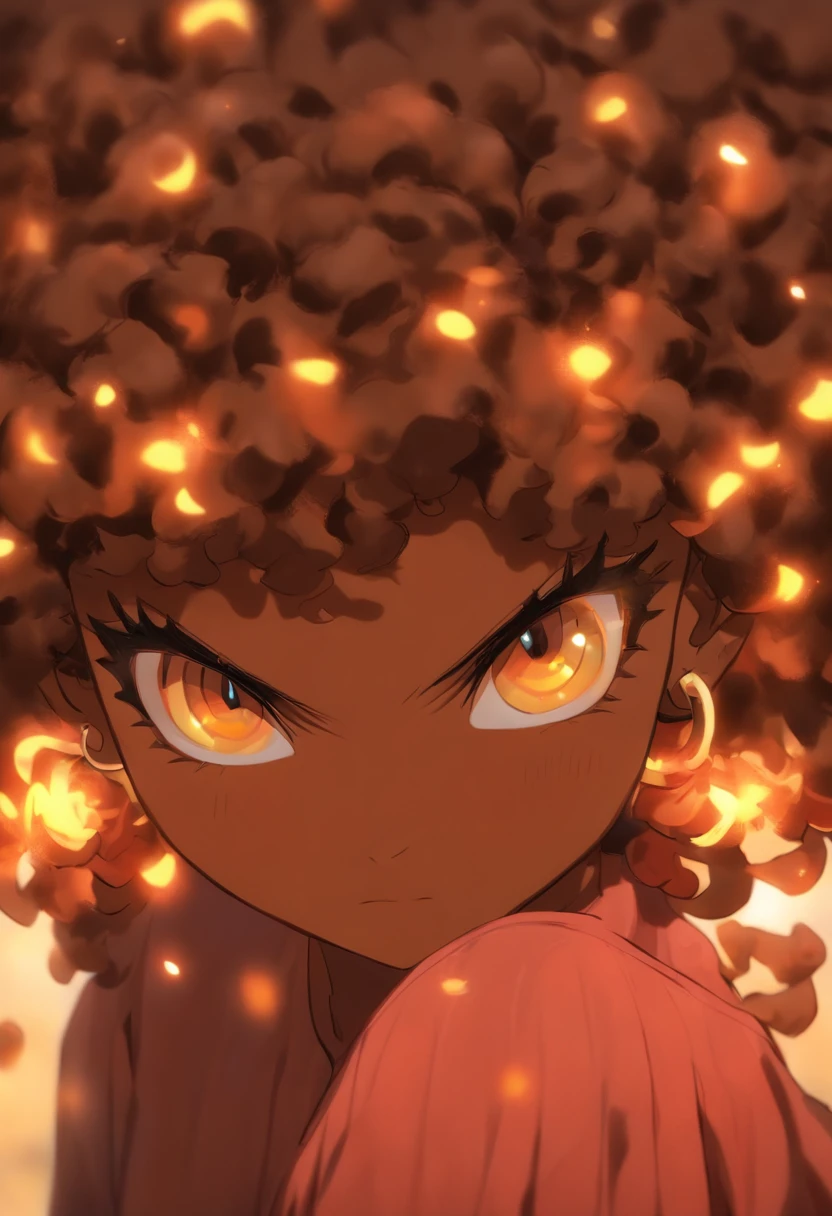 ,((dark-skinned female, melaninated female ,,chocolate-skinned female)), black hair, short curly afro, hair bobbles, headshot,remote control (masterpiece, ultra-detailed,best-quality, 2040hd) visual novel,