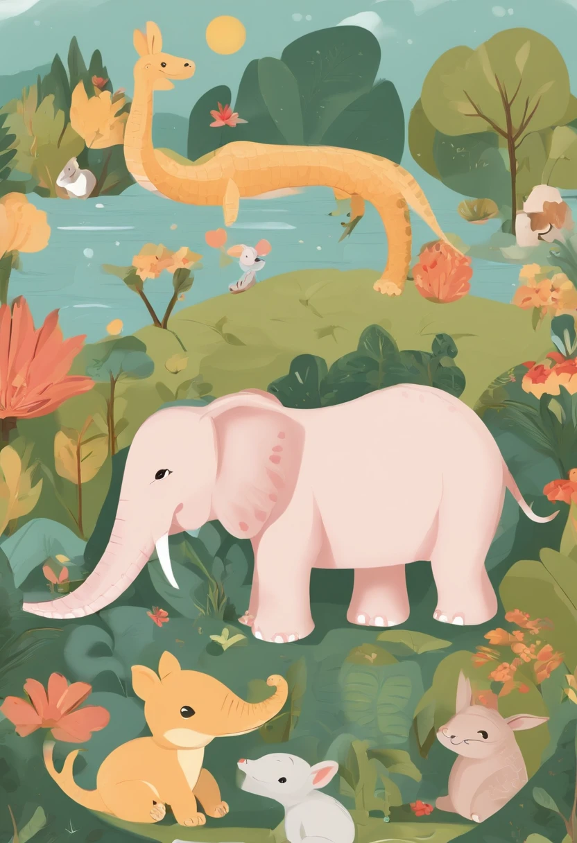 There are many different cute cartoon animals, Elephants, crocodiles, Rabbits and other animal patterns in this photo, Cute, Hand-drawn illustrations, Colorful, Wang Chen, crocodile loki, art cover, ƒ5.6,🦩🪐🐞👩🏻🦳; 🌞🌄 , code, 🪔 🎨 metaverse