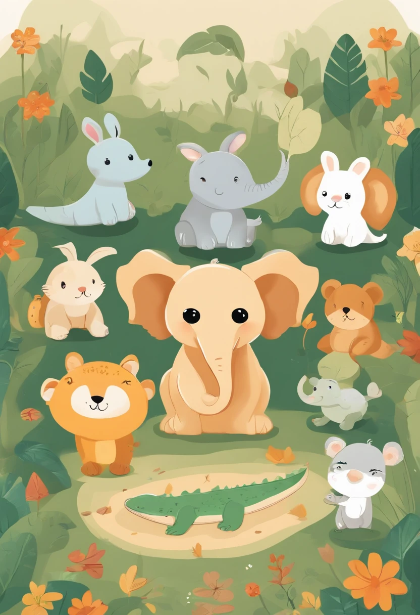 There are many different cute cartoon animals, Elephants, crocodiles, Rabbits and other animal patterns in this photo, Cute, Hand-drawn illustrations, Colorful, Wang Chen, crocodile loki, art cover, ƒ5.6,🦩🪐🐞👩🏻🦳; 🌞🌄 , code, 🪔 🎨 metaverse