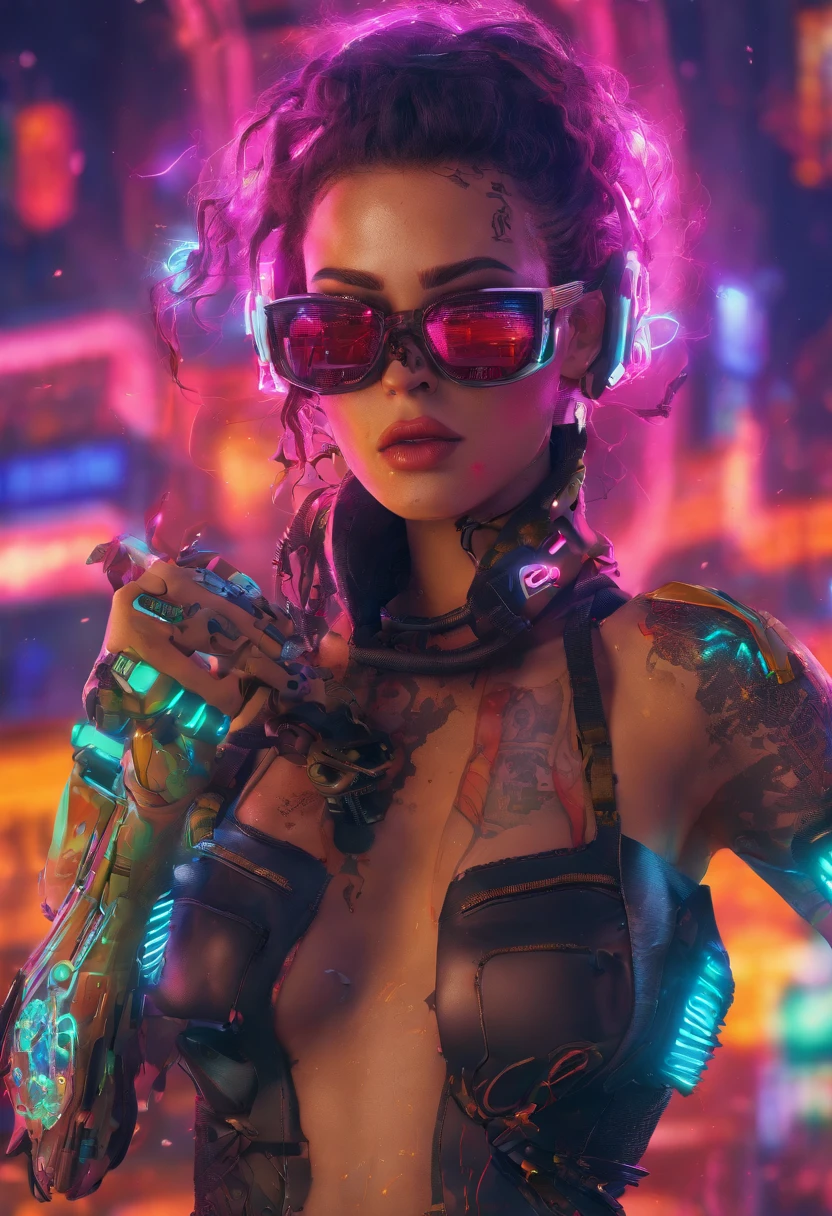 (highly detailed: 1.2), (canon EOS R6 best quality: 1.2), (8k: 1.0), (emb-rrf-low: 1.0), (lots of large black tattoos on cybernetic head open in the middle showing the inside, detailed face, hyper detailed eyes and wearing hi-tech sunglasses with holographic display 1.2), sharp focus (awarded photo: 1.2), (subsurface scatter: 1.2), (subsurface scatter: 1.2). 1.1) (a beautiful ultra-detailed cyborg: 1.2), ( hyper-detailed hair: 1.2), (wonderful body: 1.2), (full body: 1.2), (dynamic stance :1.2), neon glow, (detailed cybernetic eyes:1.1), close-up (hyperrealistic:1.2), rpg, CyberPunk 2077 style, dramatic lighting, (highly detailed futuristic cityscape:1.2), (sci-fi: 1.2). 1.2), professional portrait photography, by wlop greg rutkowski jeffrey simpson alphonse mucha