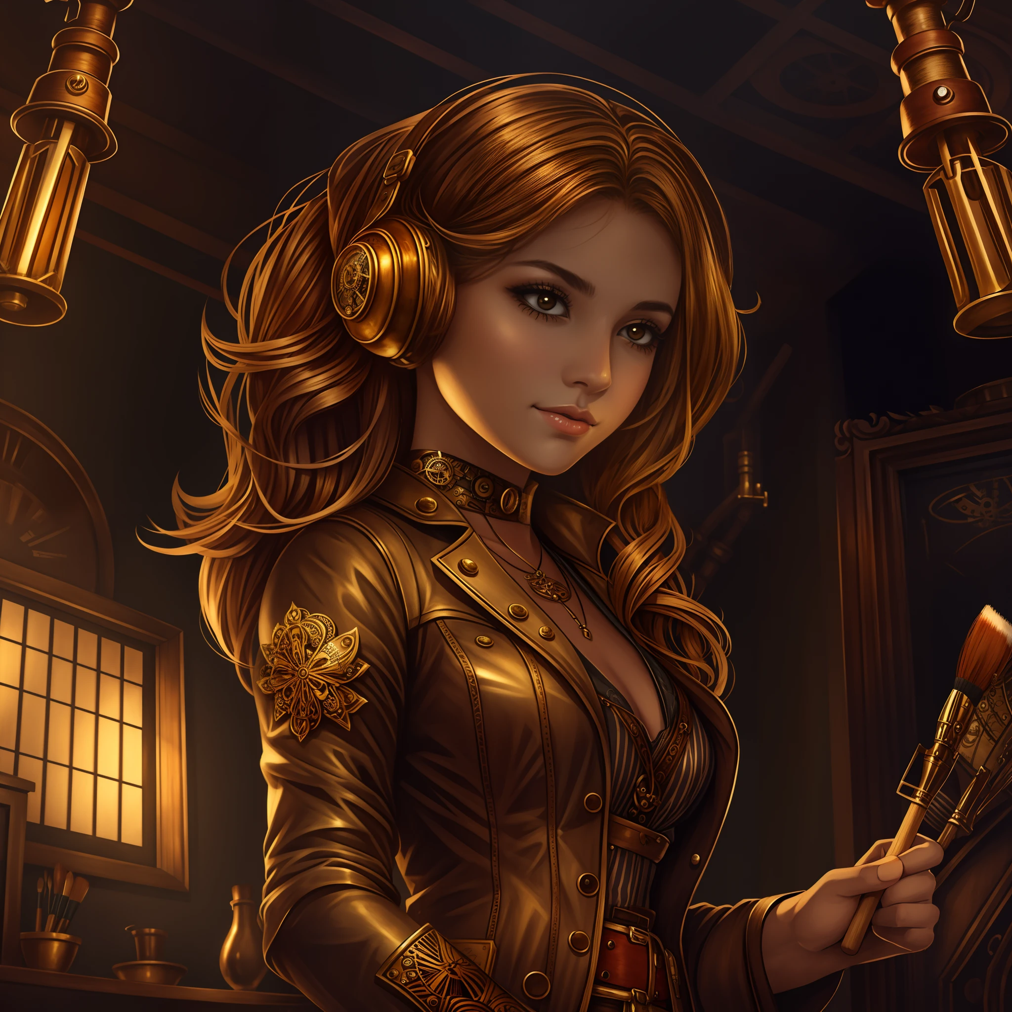 A very beautiful girl with a brush in her hand draws a picture, steampunk style