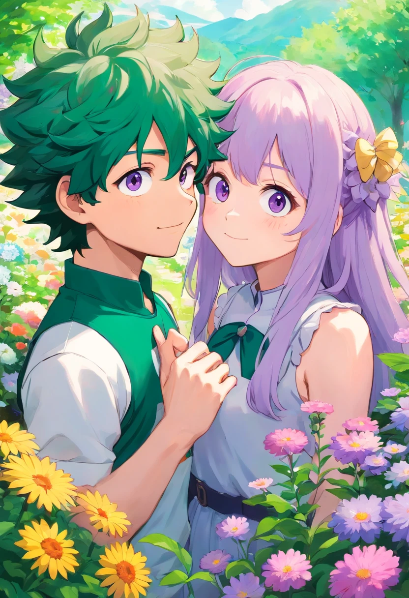 Midoriya Izuku with a girl long lilac hair, fair skin, violet eyes, a mole under the left eye, in a beautiful flower garden, being a couple