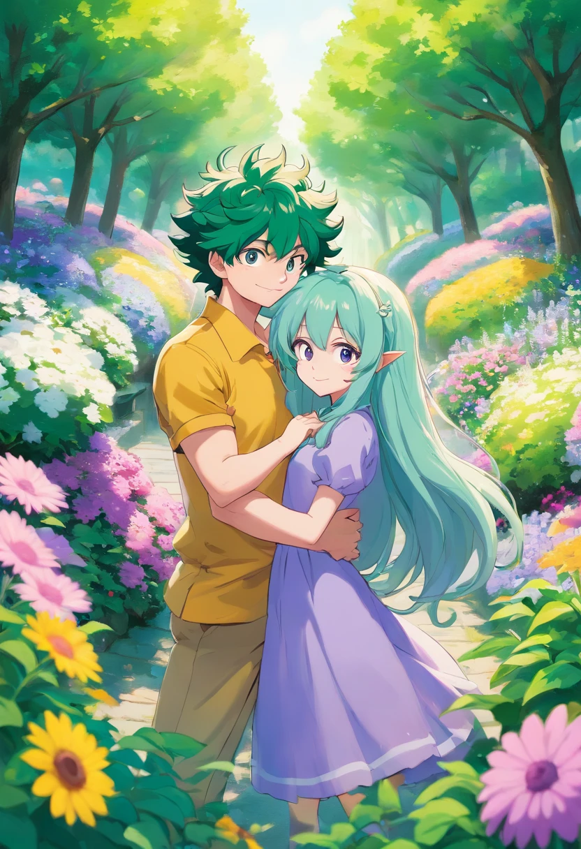 Midoriya Izuku with a girl long lilac hair, fair skin, violet eyes, a mole under the left eye, in a beautiful flower garden, being a couple