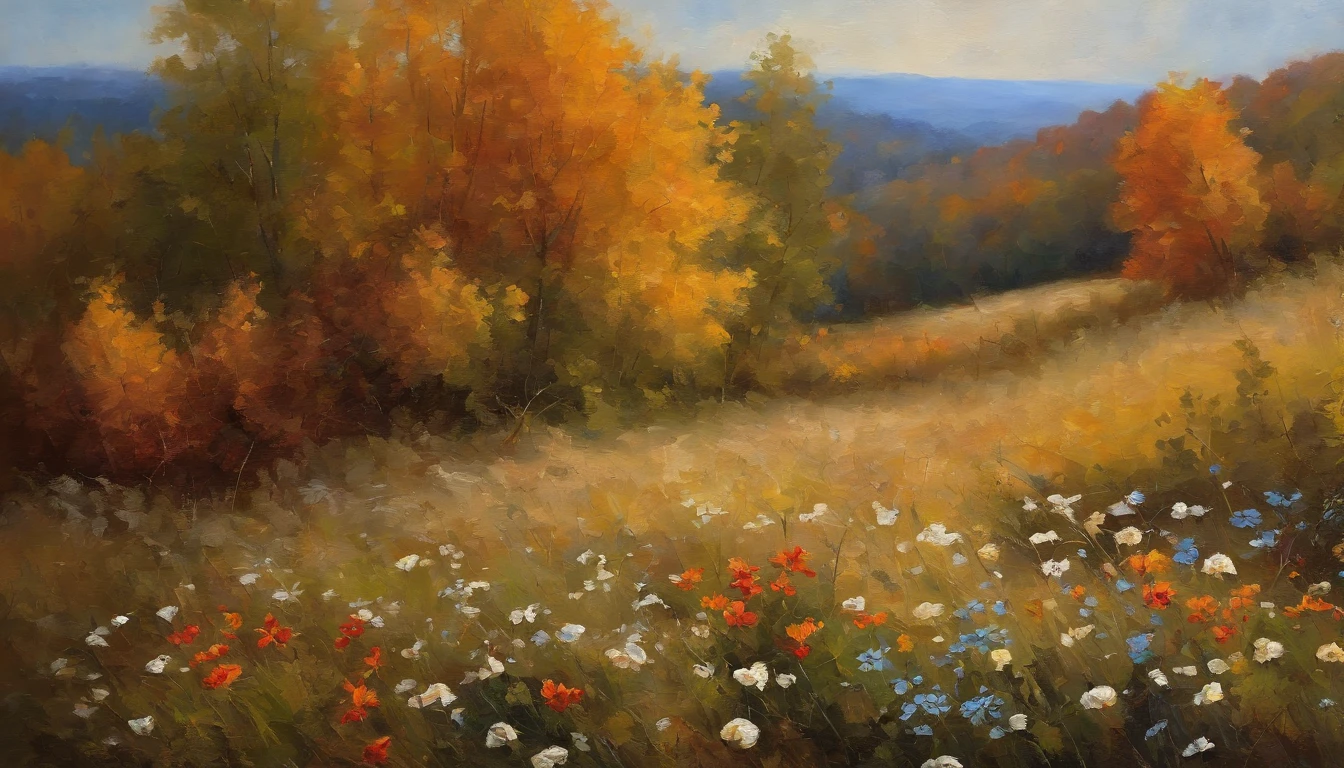 autumn wild flowers, oil painting, pallette knife, , faded look, Asher Brown Durand, Camille Pissarro style, close up