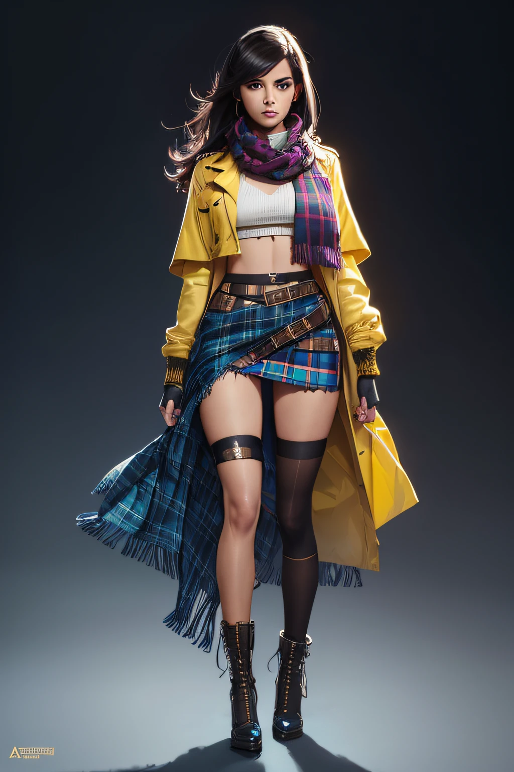 full body highly detailed portrait young beautiful colombian woman, blue eyes, tartan scarf, gradient yellow/black/brown/magenta, grunge aesthetic, by atey ghailan | greg rutkowski | greg tocchini | james gilleard | joe fenton | kaethe butcher
