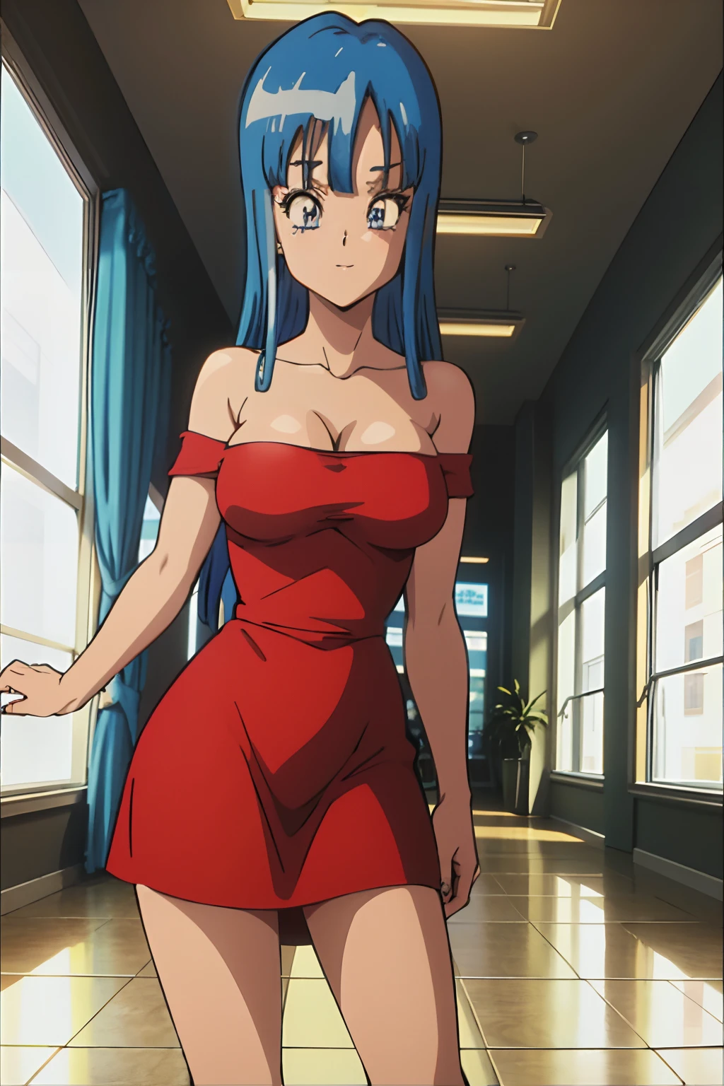 (16k, best quality, masterpiece:1.2),,retro artstyle,mall, shopping center,indoors,solo,1girl,maron,(red short dress), bare shoulder,(blue eyes,aqua hair,blunt bangs),off shoulder,standing, light smile,looking at viewer,(arms at sides), medium breasts, short sleeves,long hair