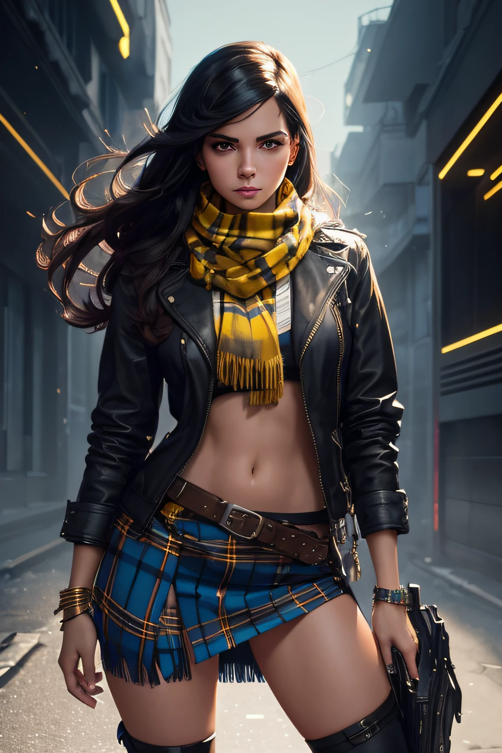 full body highly detailed portrait young beautiful colombian woman, blue eyes, tartan scarf, gradient yellow/black/brown/magenta, grunge aesthetic, by atey ghailan | greg rutkowski | greg tocchini | james gilleard | joe fenton | kaethe butcher