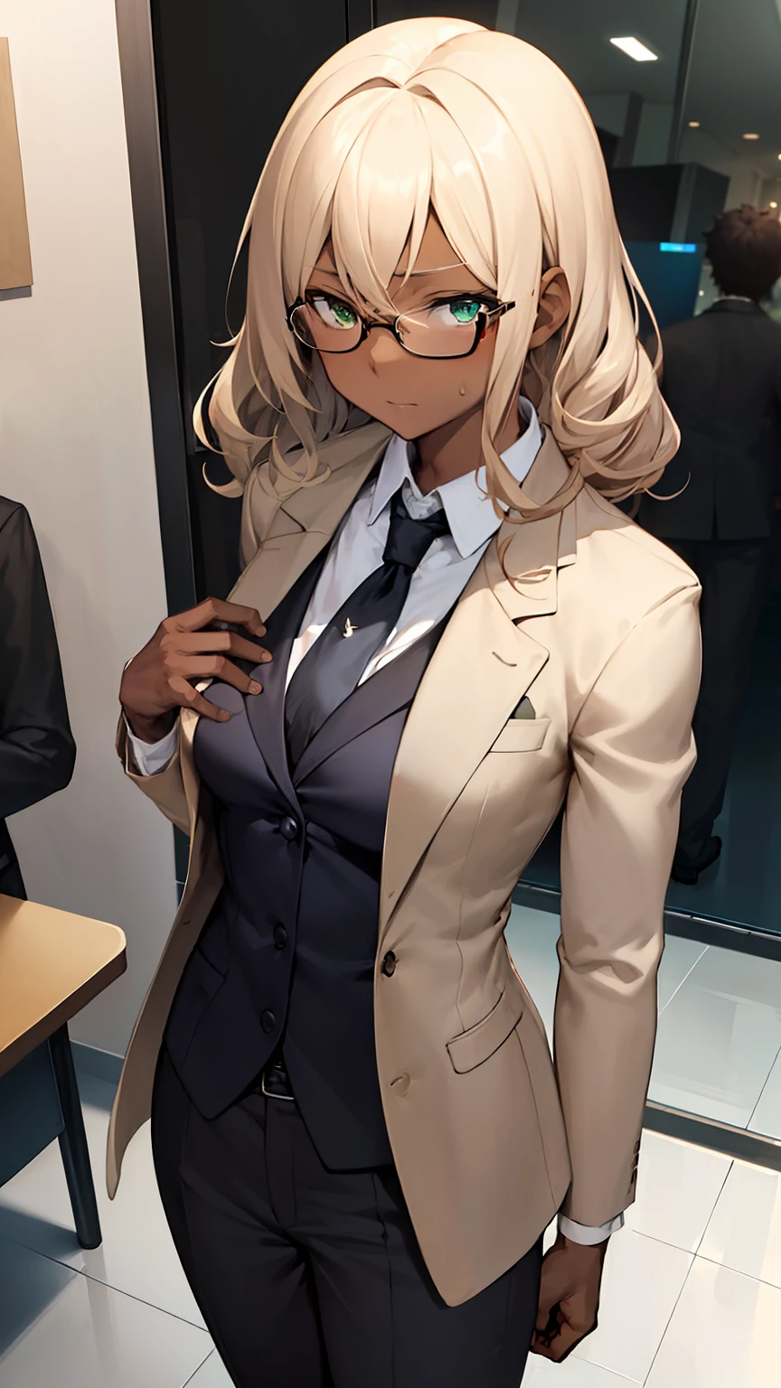 confidant dark skinned anime adult A close-up portrait of a muscular adult dark-skinned girl with a medium length blonde very curly hair and lime green eyes, wearing a beige suit, (black dress shirt under beige blazer ), going on a heist ,tomboy, digital art, small breasts, solo, masterpiece, dead atmosphere, inside a plain office , hyper-realistic details, inspired by anime, cinematic lighting, trending in ArtStation, (best quality), ((masterpiece)), (highres), extremely detailed CG, extremely detailed 8K wallpaper, extremely detailed character, an extremely delicate image, solo, sharp focus, dramatic angle, ((cinematic lighting)), light frown, closed mouth, strong combat stance , sword sheathed and readied ,adult  tall and mature ,  refined , legs together , standing , office suit , blazer red tie , ((beige blazer )) , suit pants , professional posture ,( glasses)