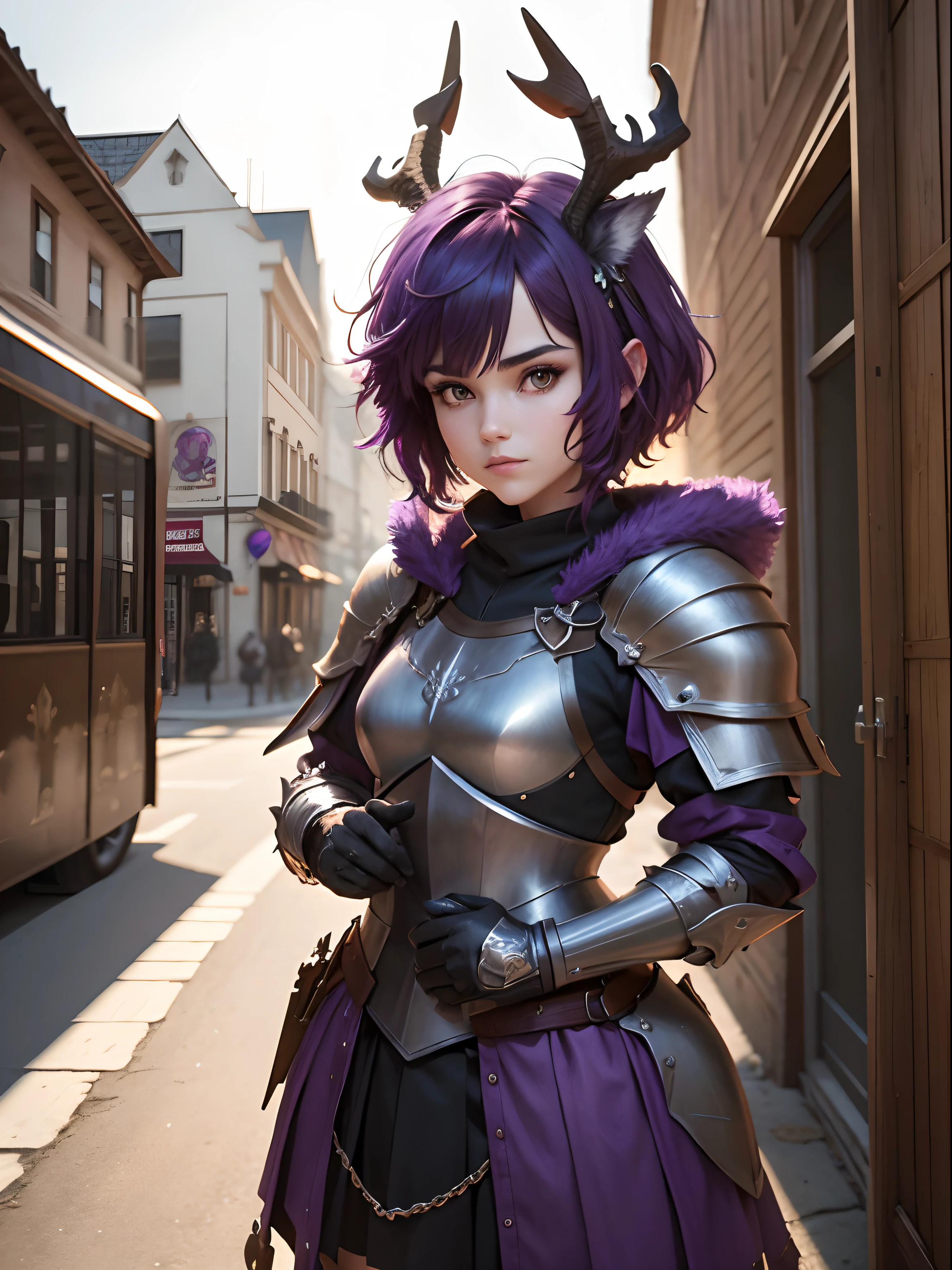 Knight Jackalope, short purple hair, jackalope antlers, dark armor(masterpiece, best quality)