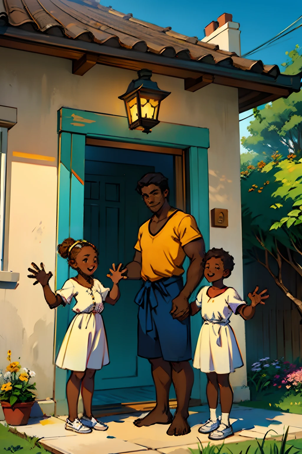 A dark skinned family, standing in front of a house, making friendly welcoming gestures, arms opened, hands waving, background is a house, in summer, daytime light, mood is happy, nurturing, nourishing, character design.