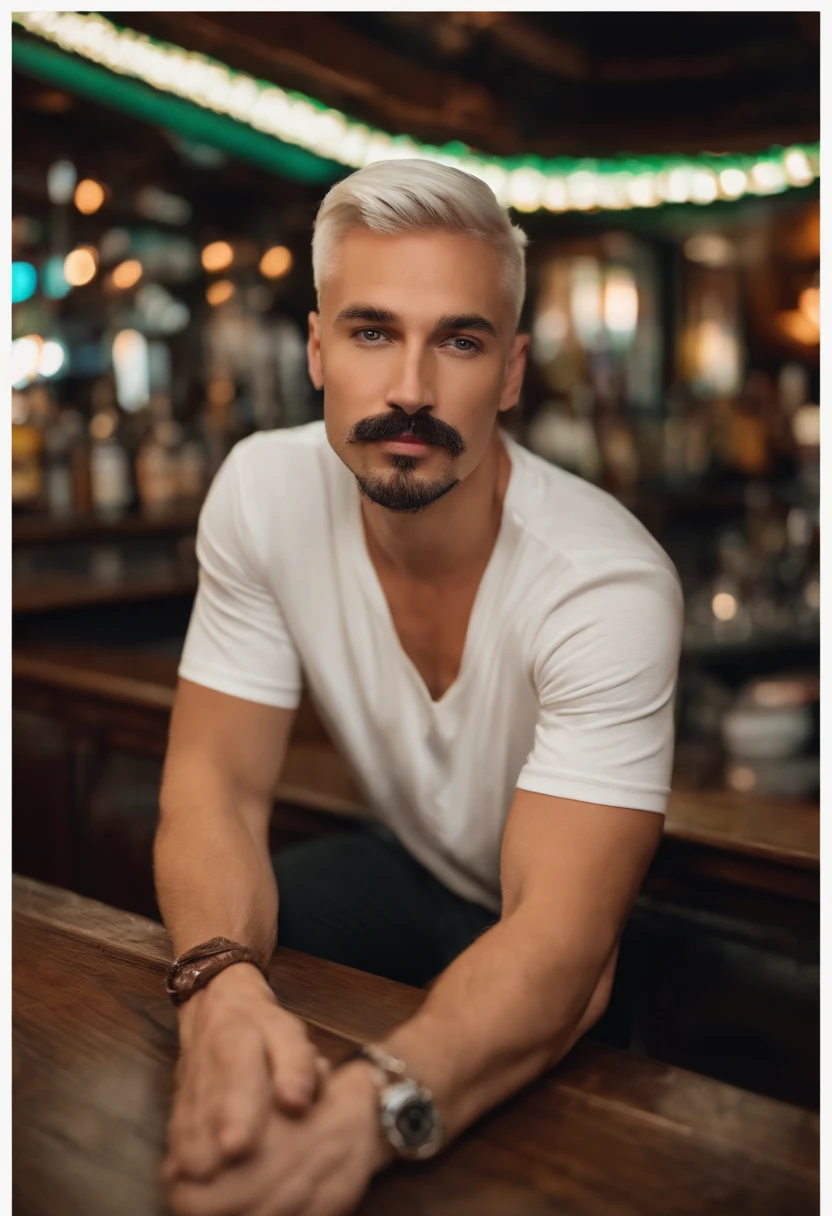a man in his 25s, white, platinum hair, sitting, leaning on a bar table, inside a bar, thin mustache, thin goatee, wearing a white t-shirt with a print, realistic, looking directly at the camera, looking straight ahead, close image, full hd, 8k