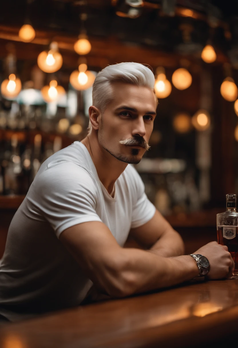 a man in his 25s, white, platinum hair, sitting, leaning on a bar table, inside a bar, thin mustache, thin goatee, wearing a white t-shirt with a print, realistic, looking directly at the camera, looking straight ahead, close image, full hd, 8k