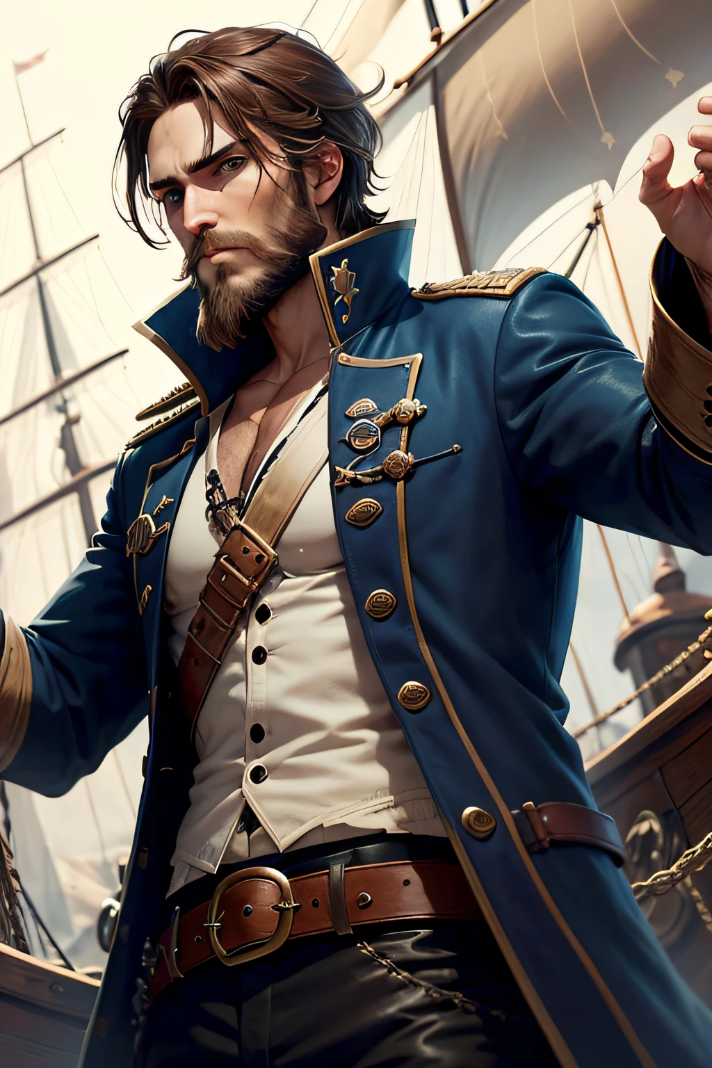 1 man, pirate Capitan, blue eyes, black eye patch on eye, brown hair, long brown beard, blue jacket, white undershirt, belt, on a ship