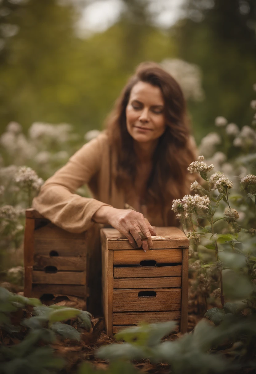 45 years old woman in nature beehives flowers high detail 4k