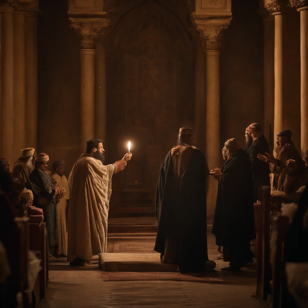 um fariseu e um publicano, ambos orando no templo com suas preces direcionadas ao altar. The Pharisee praying standing with his hands to heaven being arrogant , behind the Pharisee the publican kneeling a little behind the Pharisee, begging for mercy, com semblante humilde e contrito olhando para o altar.