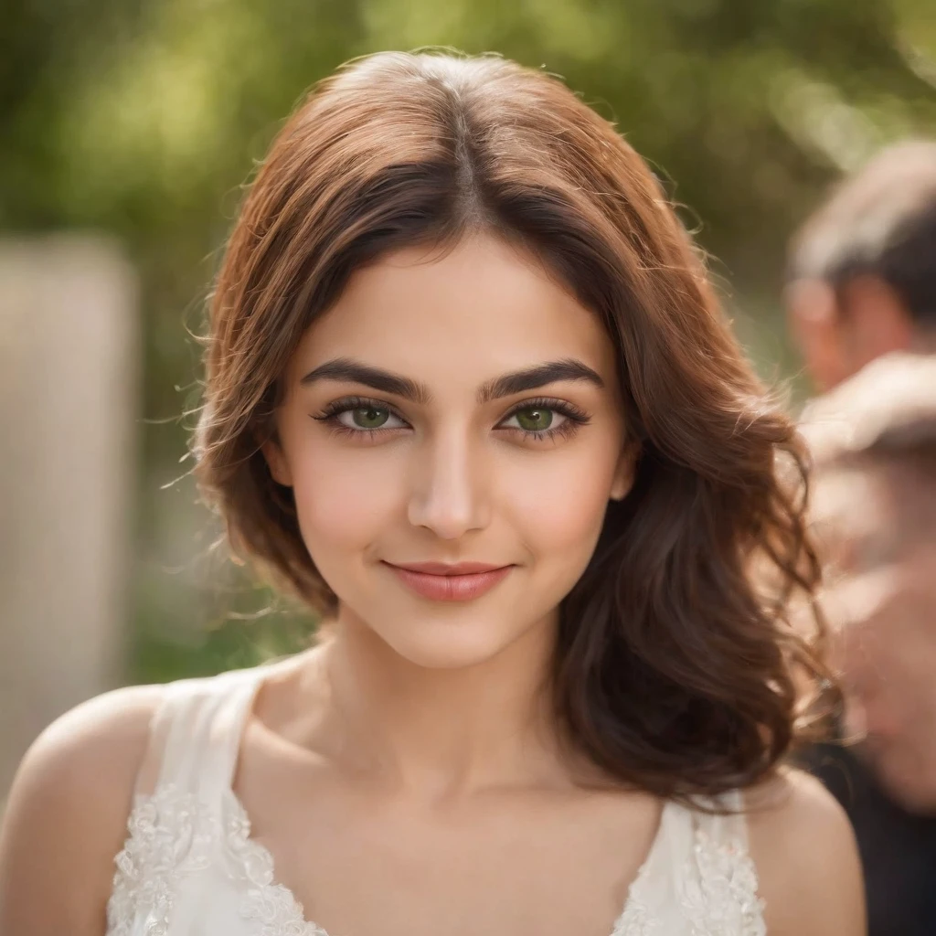 so beautiful Iranian girl with a wheatish complexion, an innocent and charming smile, large green eyes, wearing a white silky dress, her light brown hair flowing, black sun glasses,
