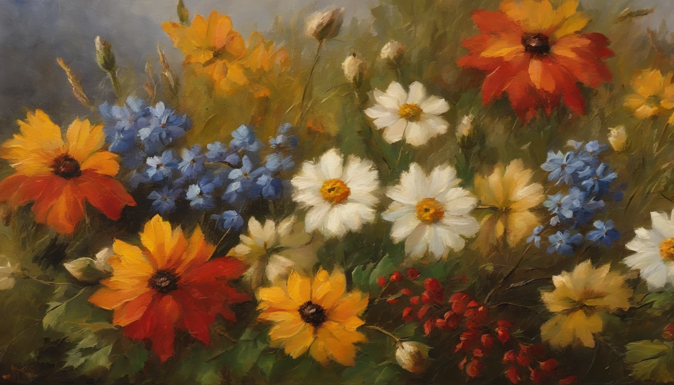 Close up of a bunch of autumn wild flowers, oil painting, pallette knife, , faded look, Asher Brown Durand, Camille Pissarro style, close up