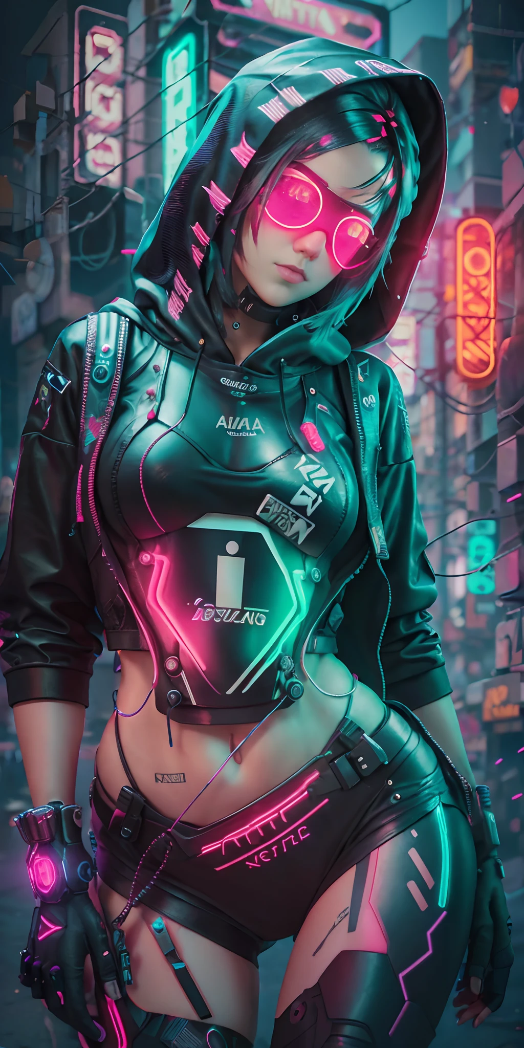 (master part, tiro de corpo inteiro, intrincada fotografia crua) garota adolecente cyberpunk, Comfortable Oversize Black Hood, saia curta preta, detalhes de luzes neon em roupas escuras,cabelos verdes, detalhes da luz neon, intrincado, Futuristic, agudeza, random sensual position, CIDADE CYBERPUNK, street neon lights, Noite, foto insta, foto do ano, octan render, substance, Maya 3D |, cinema4d, trend artstation,  Devian Art Trend,