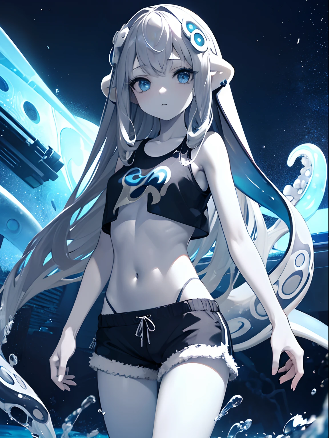 (Masterpiece, Best quality, ultra high resolution),1girl,beautiful and detailed face, detailed eyes,(squid girl, tentacles),(colored skin , grey skin), shorts,crop top,in the beach,night,((grey and blue theme))