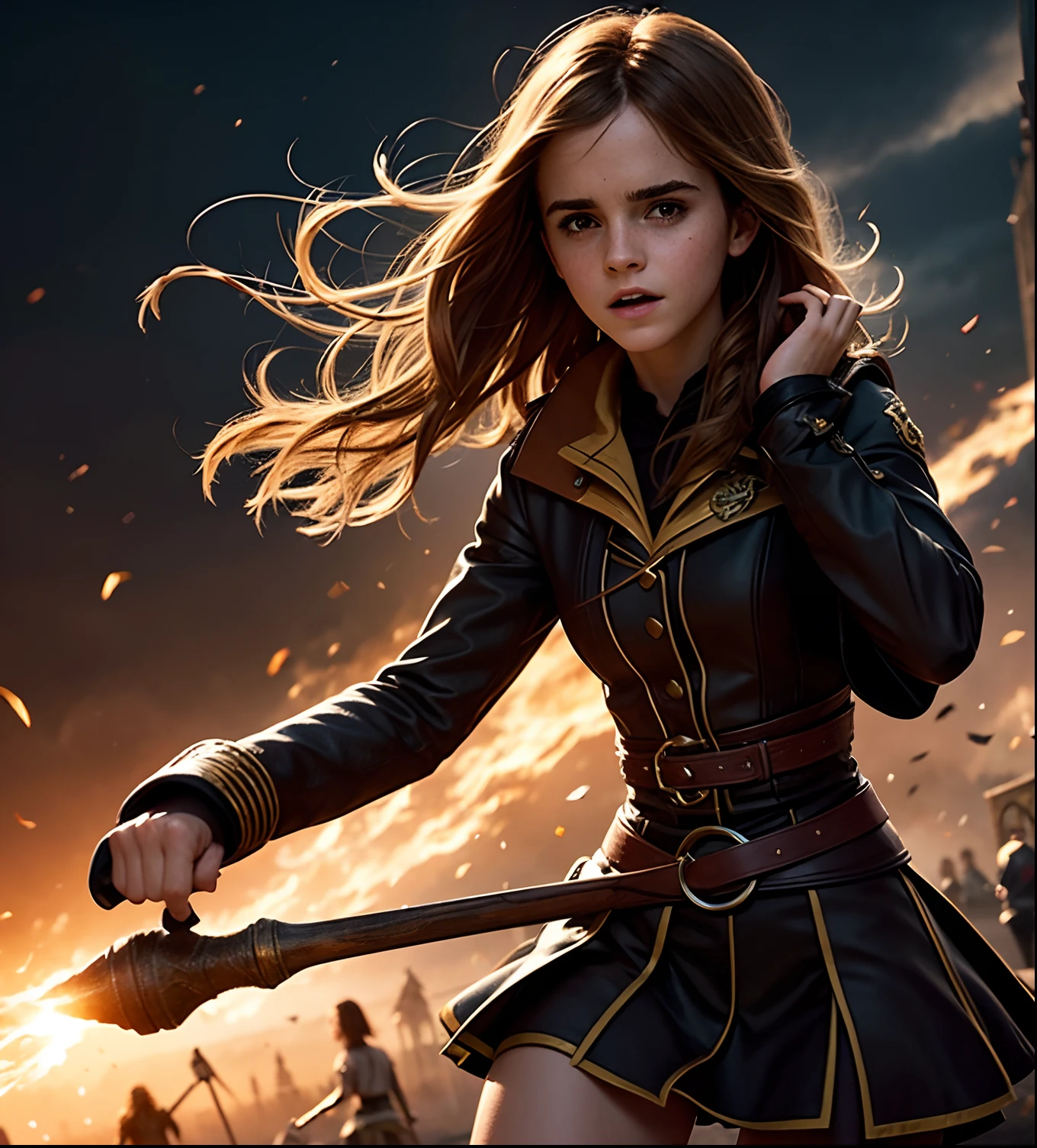 Imagine a digital artwork that represents Emma Watson as Hermione Granger during an intense Quidditch match. Incorporate elements of magic and fantasy to create a visually stunning piece.