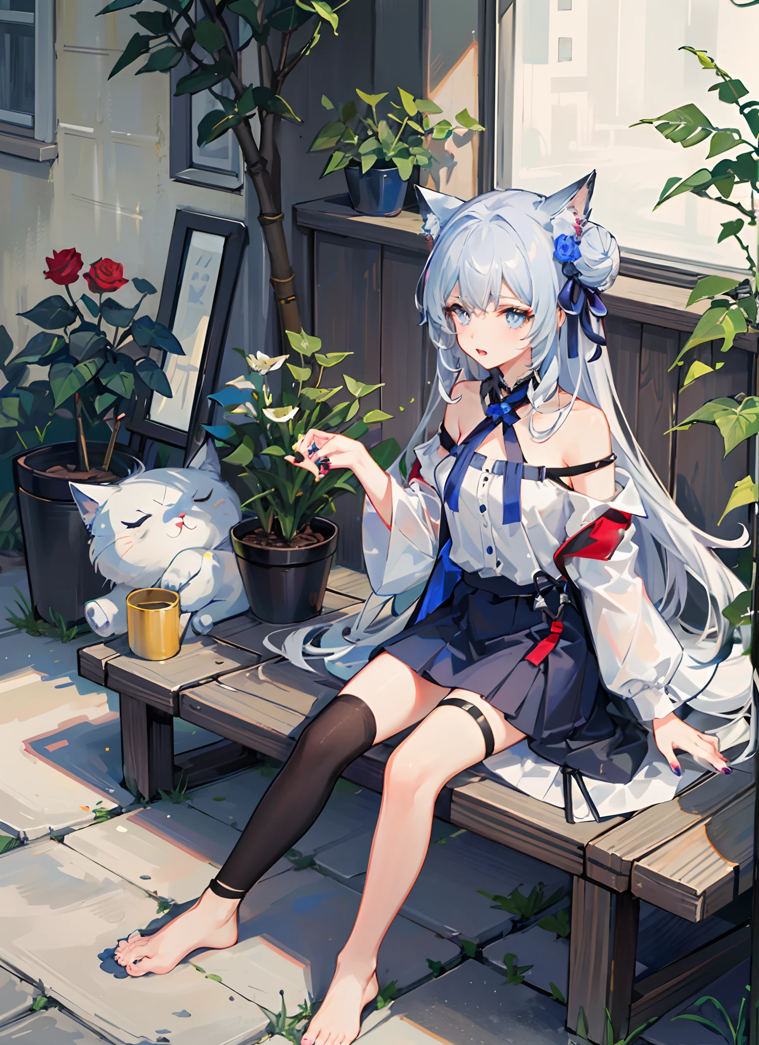 flower, nail_polish, plant, potted_plant, double_bun, flower_pot, vase, toenail_polish, animal_ears, cat_ears, rose, red_nails, leaf, red_flower, hydrangea, feet, tulip, bamboo, pink_flower, morning_glory, purple_flower, pink_rose, toenails, 1girl, long_hair, vines, blue_nails, toes, red_rose, thighhighs, bouquet, cactus, ivy, garden, soles, pink_nails, blue_eyes, barefoot, sitting, watering_can, yellow_flower, interlocked_fingers, black_legwear, palm_tree, looking_at_viewer, tanzaku, nail_art, tanabata, neko_girl, window, (arknights\), lily_of_the_valley, camellia, silver_hair, solo, ribbon