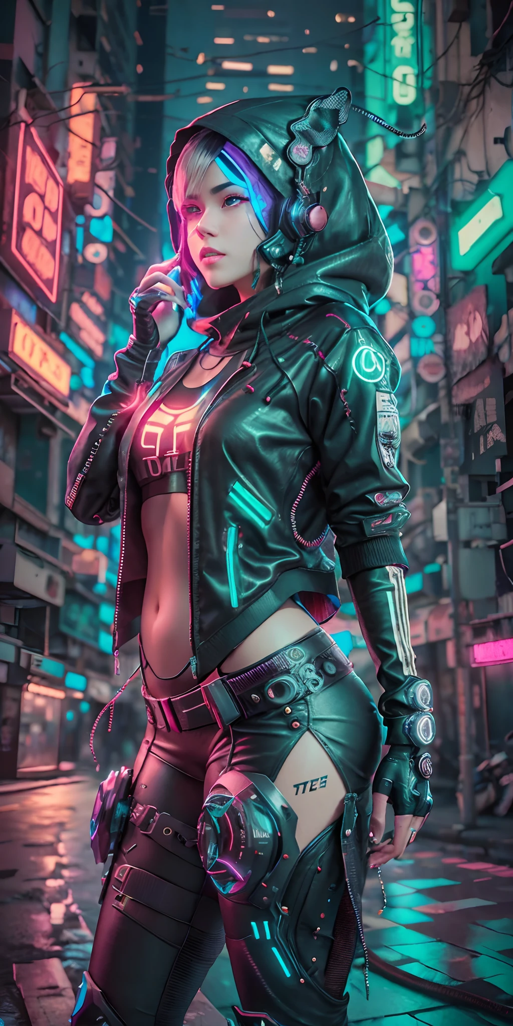 (master part, tiro de corpo inteiro, intrincada fotografia crua) garota adolecente cyberpunk, Comfortable Oversize Black Hood, saia curta preta, detalhes de luzes neon em roupas escuras,cabelos verdes, detalhes da luz neon, intrincado, Futuristic, agudeza, random sensual position, CIDADE CYBERPUNK, street neon lights, Noite, foto insta, foto do ano, octan render, substance, Maya 3D |, cinema4d, trend artstation,  Devian Art Trend,