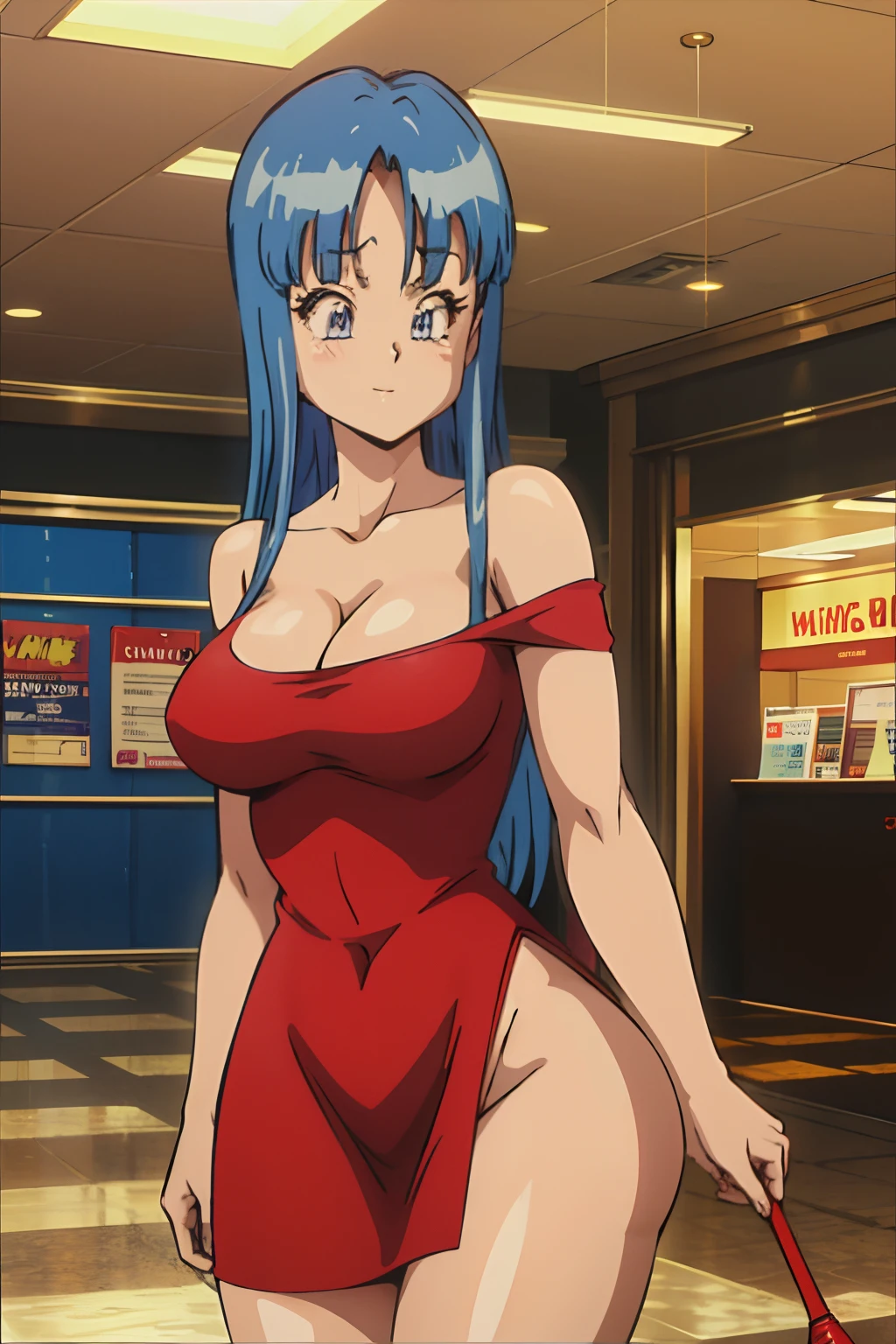 (16k, best quality, masterpiece:1.2),,retro artstyle,mall, shopping center,indoors,solo,1girl,maron,(red short dress), bare shoulder,(blue eyes,aqua hair,blunt bangs),off shoulder,standing, light smile,looking at viewer,(arms at sides), huge breasts, short sleeves,long hair, thick thighs,wide hips