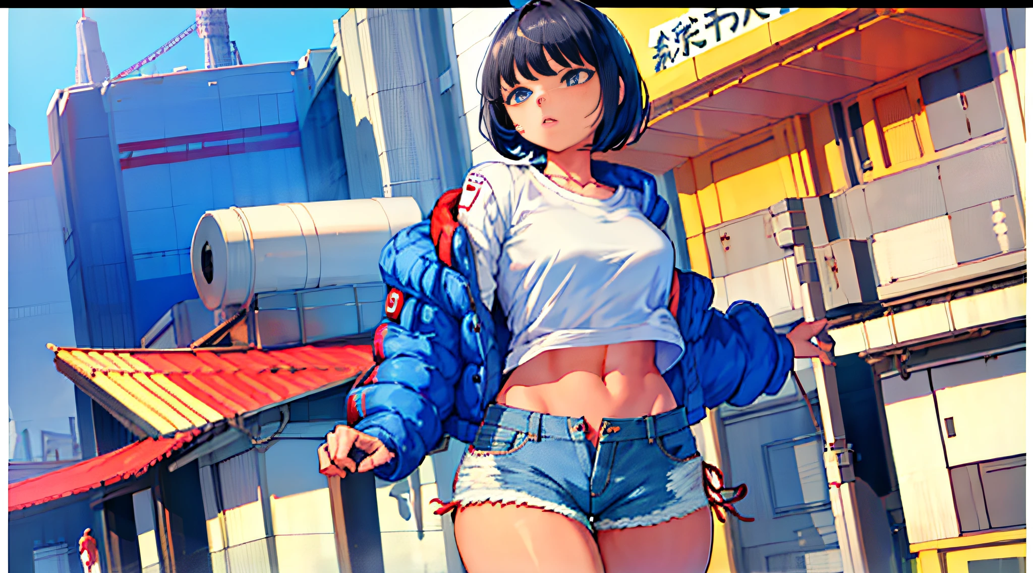 1girl, short black hair, blue eyes, wearing plain white shirt, denim shorts, tokyo, absurdres, high res, ultrasharp, 8K, masterpiece, looking at viewer