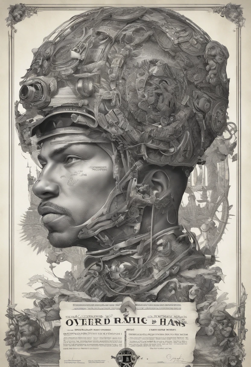 logo on a circle Black man, mechanical plant poster: carta de baralho Queen if Hearts, beija-flores nos dois cantos superiores, Detailed technical schematics and authentic blueprints meticulously delineate the constitution of a man with dark military-cut hair, printed in precise white ink on authentic on design paper, These overarching plans reveal the complexities of creating a human form. Explore extreme technical details, reminiscent of traditional illustration drawing, Rendered in high resolution 16k, to promote clear understanding, fantasia sombria, arte conceitual, tipografia, 插圖, poster, produto