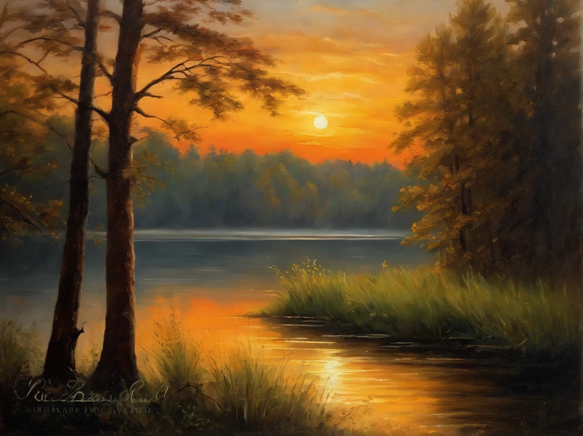 Dawn setting, tall skinny trees to the left side of a lake, with hand painted oil fine tip highlights, oil painting, pallette knife, , faded look, Asher Brown Durand, Camille Pissarro style, close up