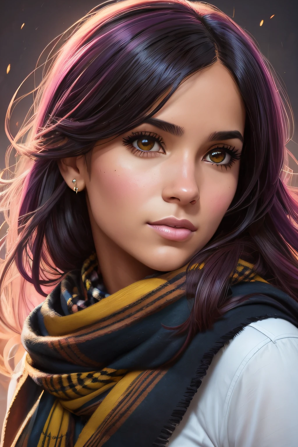 retrato del rostro muy detallado joven hermosa mujer colombiana, ojos azules, tartan scarf, Amarillo degradado/negro/brown/magenta, grunge aesthetic, por Atey Ghailan | Greg Rutkowski | Greg Tocchini | James Gilleard | Joe Fenton | Carnicero Kaethe